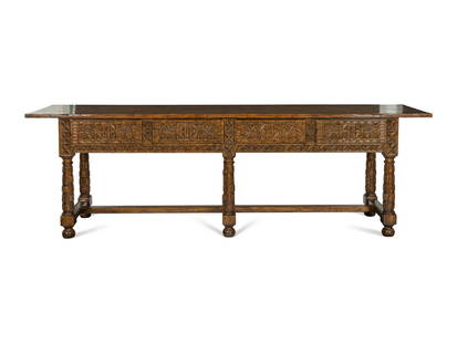 A Spanish Renaissance Style Formations Limited Large Console Table: A Spanish Renaissance Style Formations Limited Large Console Table Retailed by Holly Hunt, 21st Century Elaborately carved walnut with four drawers, both sides being entirely finished. Height 34 x wid