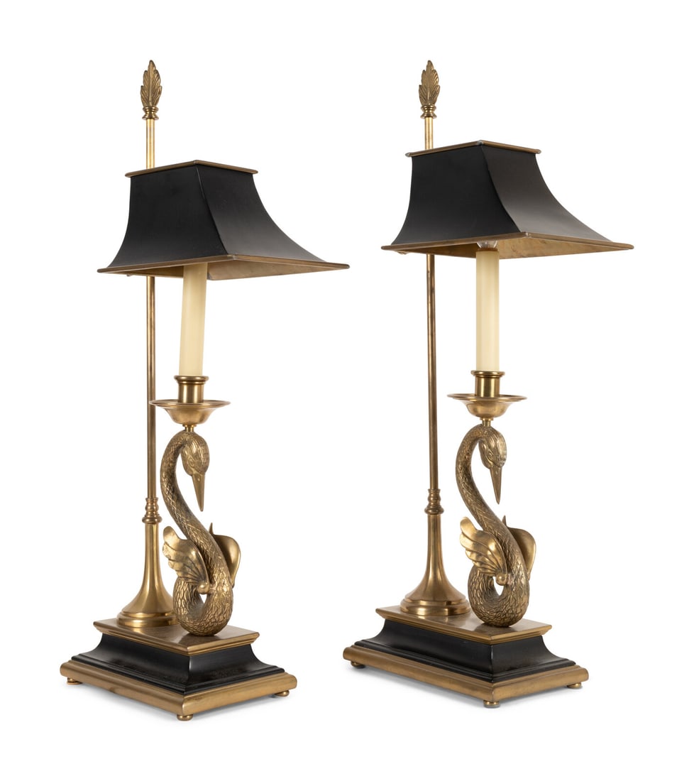 A Pair of Chapman Empire Style Brass Swan-Form Lamps With Tole Shades (1 of 9)
