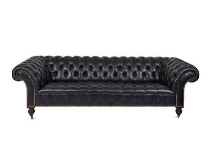 A Navy Blue Calfskin Upholstered Chesterfield Sofa: A Navy Blue Calfskin Upholstered Chesterfield Sofa 21st Century Button-tufted on bun feet with nailhead trim. Height 30 x width 98 x depth 40 inches. Property from the Collection of Raphael Yakoby, Ne