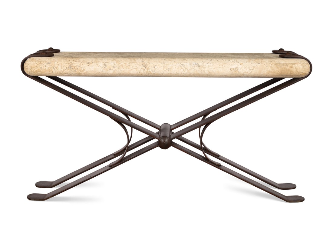 A Contemporary Wrought Iron X-Form Sofa Table with Stone Top (1 of 2)