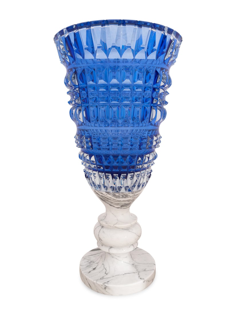 A Large Baccarat New Antique II Cut Cobalt Glass Vase: A Large Baccarat New Antique II Cut Cobalt Glass Vase France, 21st Century On white marble stand. Designed by Marcel Wanders (Dutch, b. 1963) and limited to an edition of 99. Overall height (including