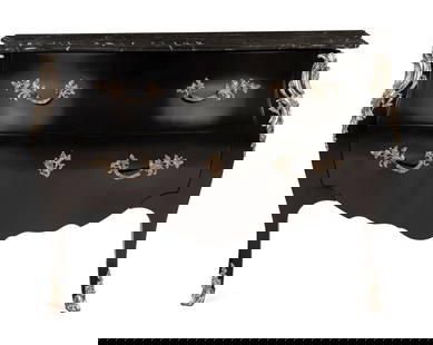 A Ralph Lauren Silvered Bronze-Mounted Marble-Top Ebonized Commode: A Ralph Lauren Silvered Bronze-Mounted Marble-Top Ebonized Commode Late 20th/21st Century Height 34 x width 48 x depth 20 inches. (2 items) Property from the Collection of Raphael Yakoby, New York Thi