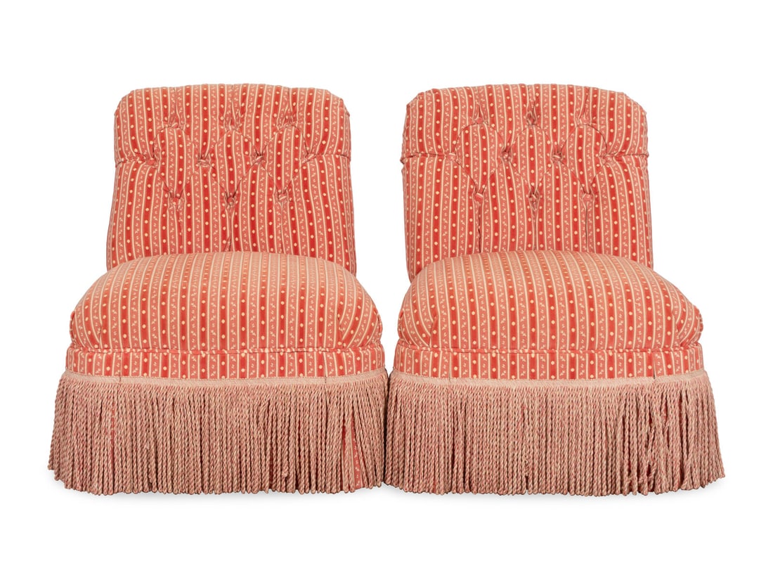 A Pair of Custom Button-Tufted Slipper Chairs with Bullion Fringe (1 of 8)