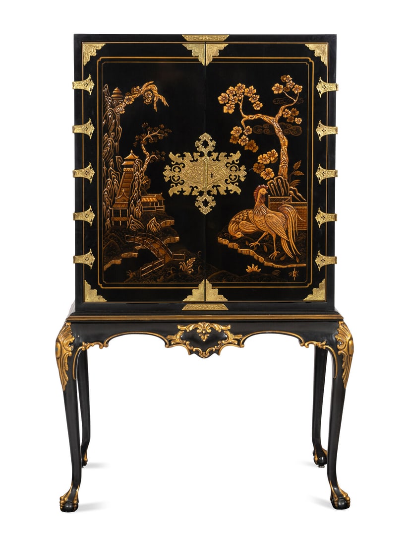 A Karges Queen Anne Style Black Lacquer and Gilt Japanned Bar Cabinet on Stand (1 of 11)