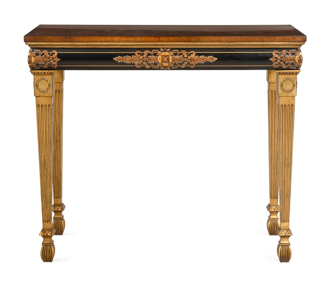 A Karges Georgian Style Ebonized and Parcel Gilt Pier Table: A Karges Georgian Style Ebonized and Parcel Gilt Pier Table 21st Century The parcel ebonized frieze decorated with a stylized palmette and acanthus leaves design. Bearing a Karges Furniture Company br