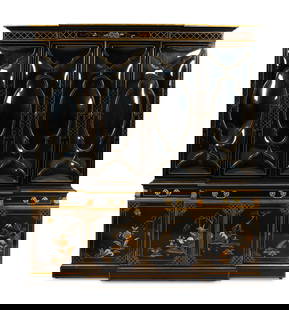 A Karges Black-Japanned Breakfront Bookcase: A Karges Black-Japanned Breakfront Bookcase 21st Century Decorated by Lilly Japjic, 2015. Internally electrified Height 81 1/2 x width 75 x depth 18 inches. Property from the Collection of Raphael Yak