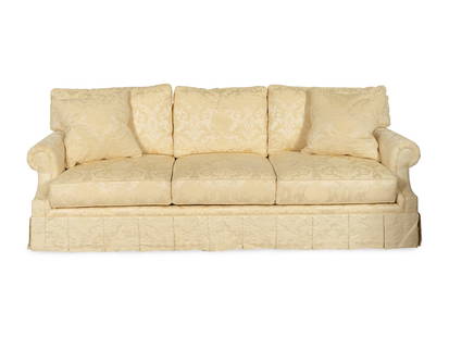 A Century Furniture Company Ivory Damask-Upholstered Sofa: A Century Furniture Company Ivory Damask-Upholstered Sofa 21st Century With pleated skirt, three removable back and seat cushions and two coordinating throw pillows. Retaining a Century Furniture Comp