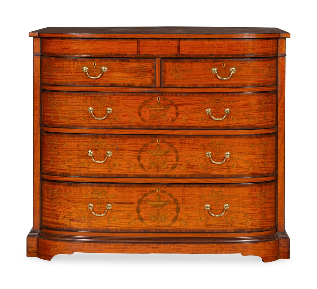 An Edwardian Painted and Inlaid Satinwood Chest of Drawers: An Edwardian Painted and Inlaid Satinwood Chest of Drawers Early 20th Century Height 38 3/4 x width 44 x depth 24 inches. This lot is located in Palm Beach.