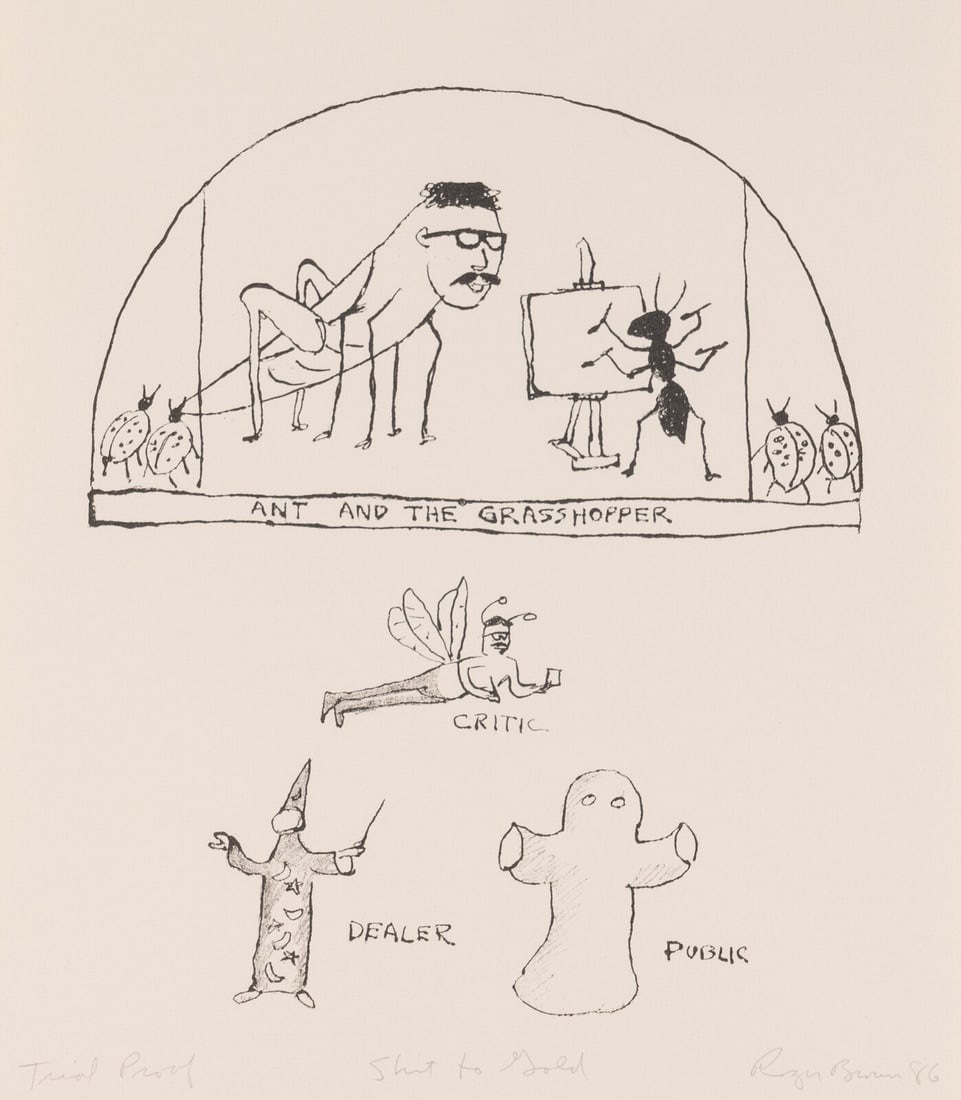 Roger Brown (American, 1941-1997) Shit to Gold, 1986: Roger Brown (American, 1941-1997) Shit to Gold, 1986 transfer paper lithograph on Arches Cover White signed, titled, dated and inscribed 'trial proof' in pencil Sheet: 11 5/8 x 10 inches. Property fro