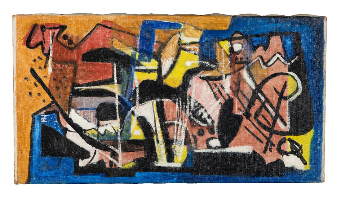 Agnes Hart (American, 1912-1979) Musette: Agnes Hart (American, 1912-1979) Musette oil on canvas signed Agnes Hart (lower left); signed and titled (verso) 12 1/8 x 22 3/8 inches. Property from a Private Collection, Chicago, Illinois This lot