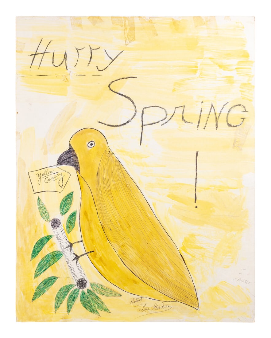 Lee Godie (American, 1908-1994) Hurry Spring!: Lee Godie (American, 1908-1994) Hurry Spring! pen and watercolor on poster board signed Lee Godie (lower center) 28 x 22 inches. Property from the Collection of Mrs. Bonnie Blank, Elgin, Illinois This