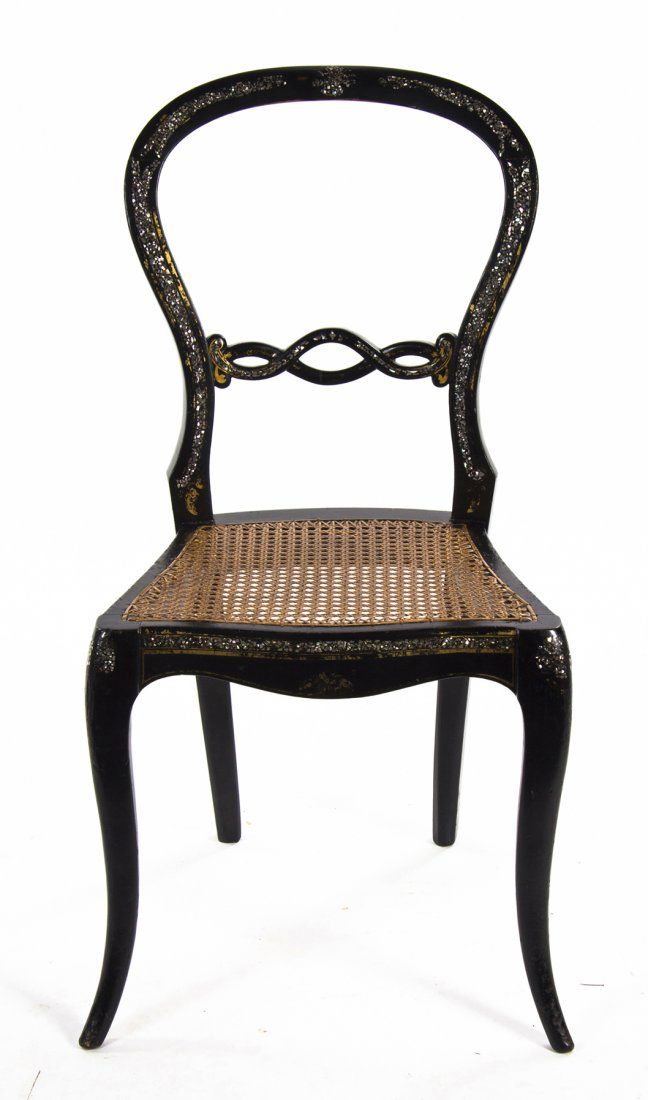 A Victorian Ebonized and Mother-of-Pearl Inset Si: A Victorian Ebonized and Mother-of-Pearl Inset Side Chair, having a caned seat, together with a Victorian beaded footstool. Height of first 32 1/4 inches.