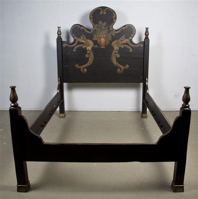 A Venetian Style Painted and Parcel Gilt Bed, Hei: A Venetian Style Painted and Parcel Gilt Bed, having a lobed headboard with urn and bird decoration, with an associated footboard, raised on block legs. Height of headboard 73 1/2 inches.