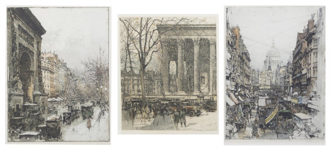 Three Framed Prints, Luigi Kasimir, Height of fra: Three Framed Prints, Luigi Kasimir, depicting various scenes of Paris, each signed in pencil. Height of frame 28 x width 22 1/2 inches.