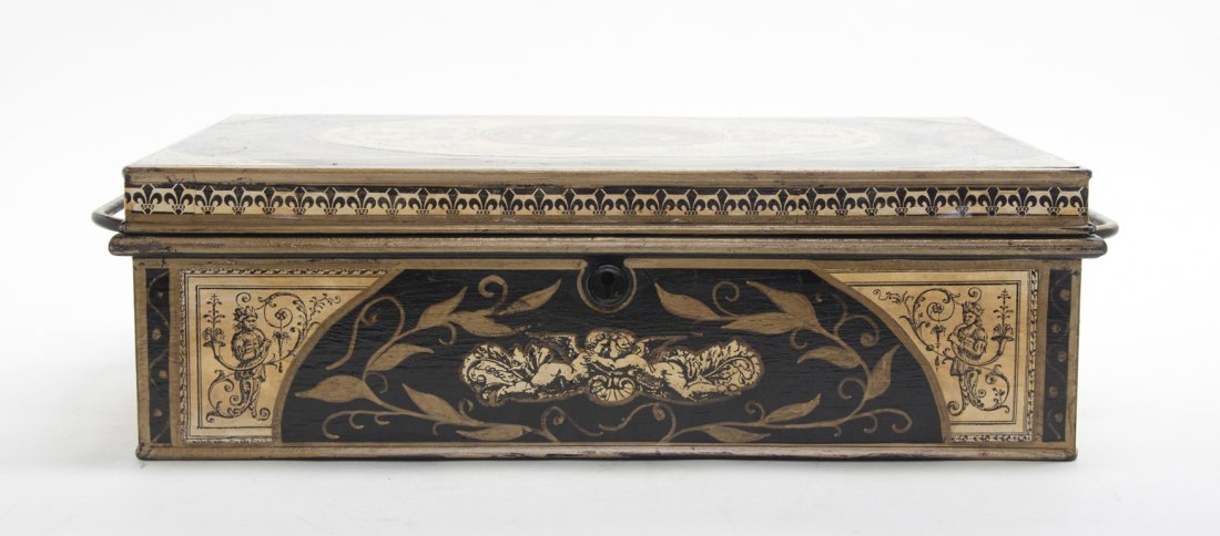 A Neoclassical Painted Metal Table Casket, Width : A Neoclassical Painted Metal Table Casket, decorated with fleurs-de-lis and putti, mounted with bail handles. Width 15 5/8 inches.