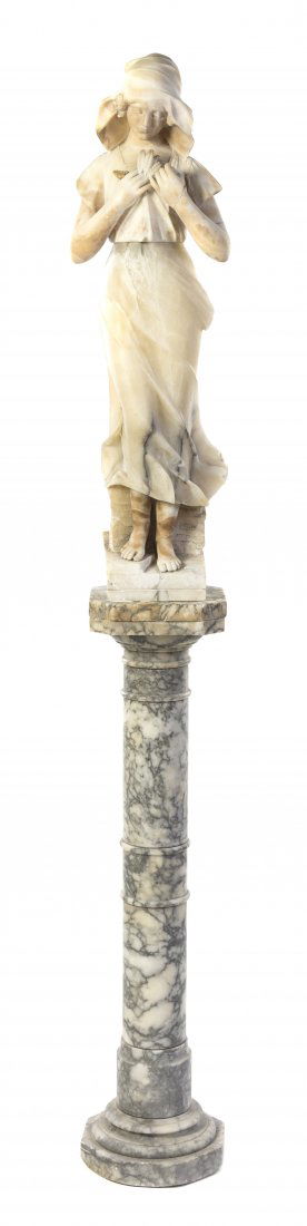 An Italian Alabaster Figure, Height overall 80 in: An Italian Alabaster Figure, depicting a standing maiden clutching a bundle of wheat, raised on a marble pedestal. Height overall 80 inches. Condition: The figure having repairs to hand and wheat shea