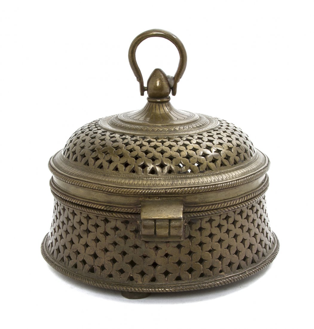A Continental Bronze Table Casket, Height 5 inche: A Continental Bronze Table Casket, of waisted cylindrical form, having a hinged lid over the body with pierced diamond decoration throughout. Height 5 inches.