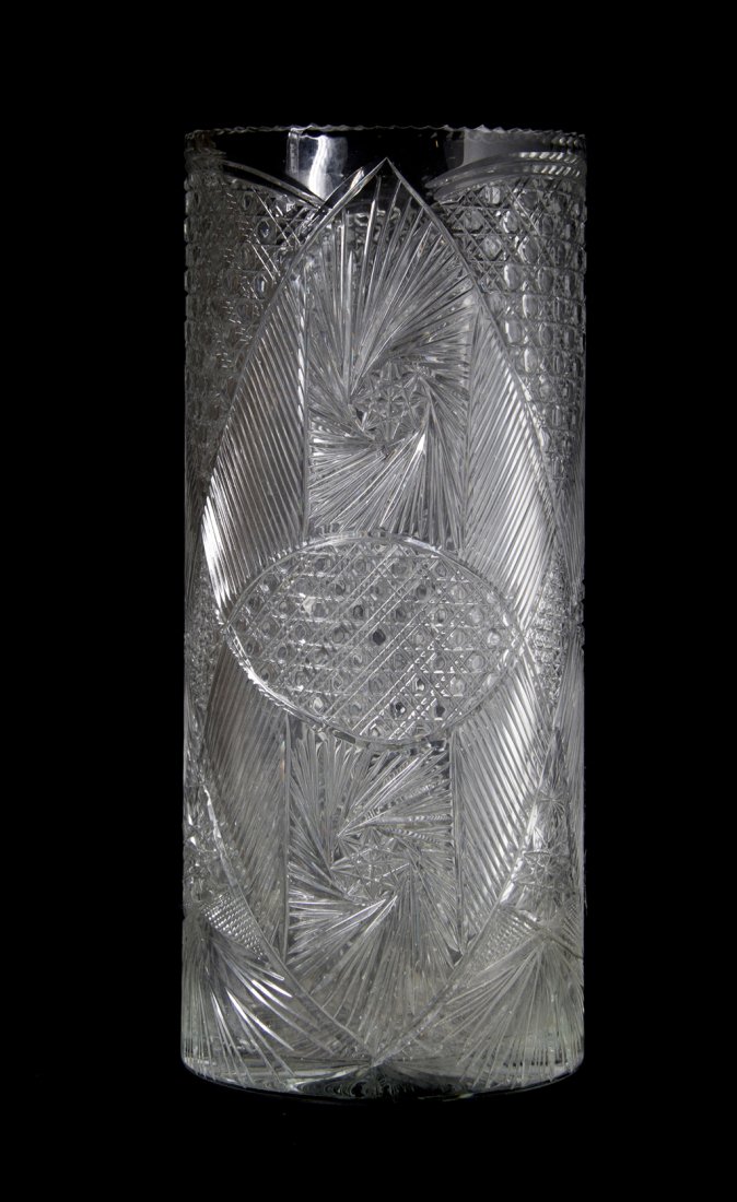 A Cut Glass Umbrella Stand, Height 19 3/4 inches.: A Cut Glass Umbrella Stand, of cylindrical form with diamond and spin wheel decoration. Height 19 3/4 inches. Property from the Dr. Myrna Salud Living Trust, Marion, Indiana