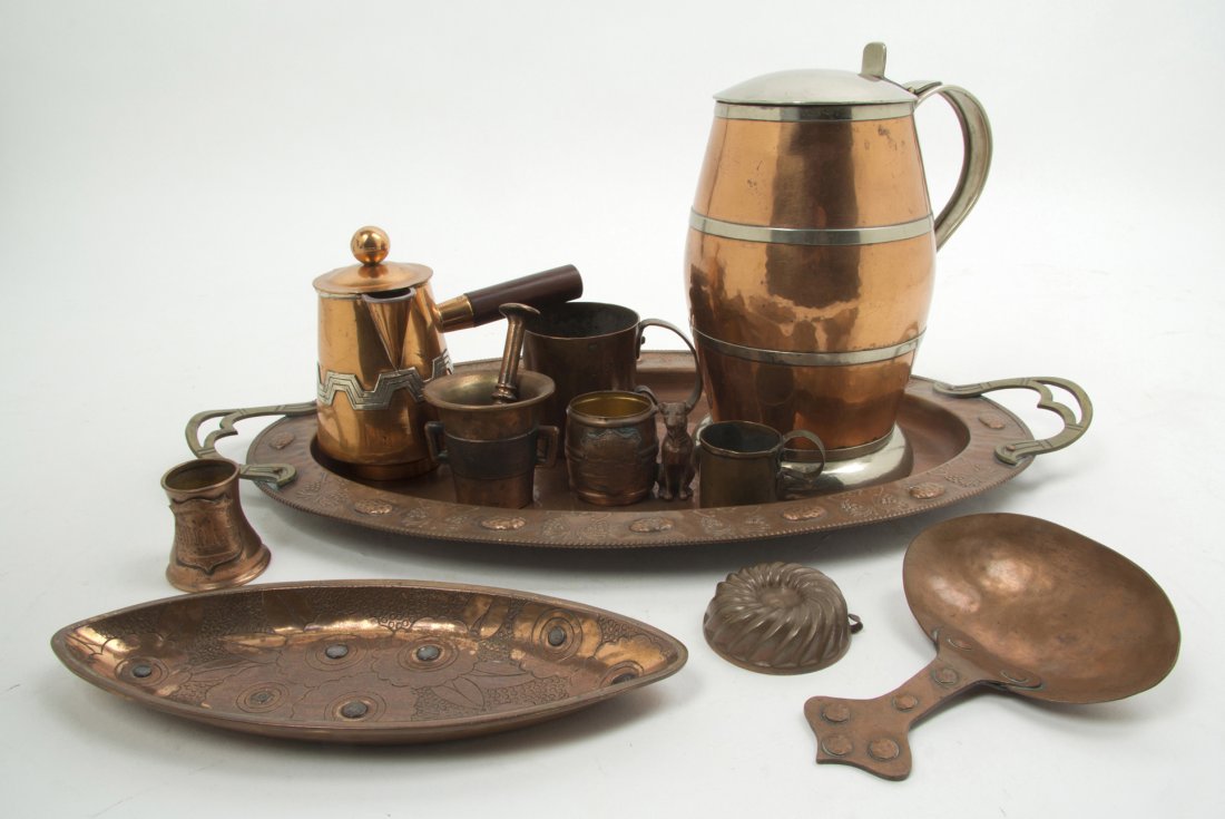 A Group of Eleven Copper Utilitarian Articles, Wi: A Group of Eleven Copper Utilitarian Articles, comprising a Victoria Taxco chocolate pot and tray, a tankard etched to the underside Maker Alois Aufrichtig St. Louis, MO, a mortar and pestle, four cup