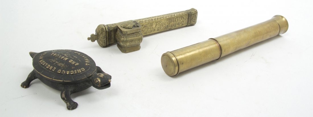 A Middle Eastern Traveling Pen Case, Width of wid: A Middle Eastern Traveling Pen Case, of rectangular form having an attached inkwell, the whole with etched bird and foliate decoration, further having Arabic writing, together with an associated cylin
