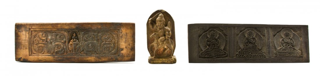 Two Tibetan Buddhist Wood Printing Blocks, Width : Two Tibetan Buddhist Wood Printing Blocks, together with a South Asian figure on a horse. Width of blocks 13 5/8 inches.