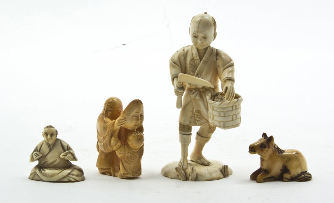 A Group of Three Japanese Carved Ivory Okimonos, : A Group of Three Japanese Carved Ivory Okimonos, together with a carved ivory horse netsuke. Height of tallest 4 1/4 inches.