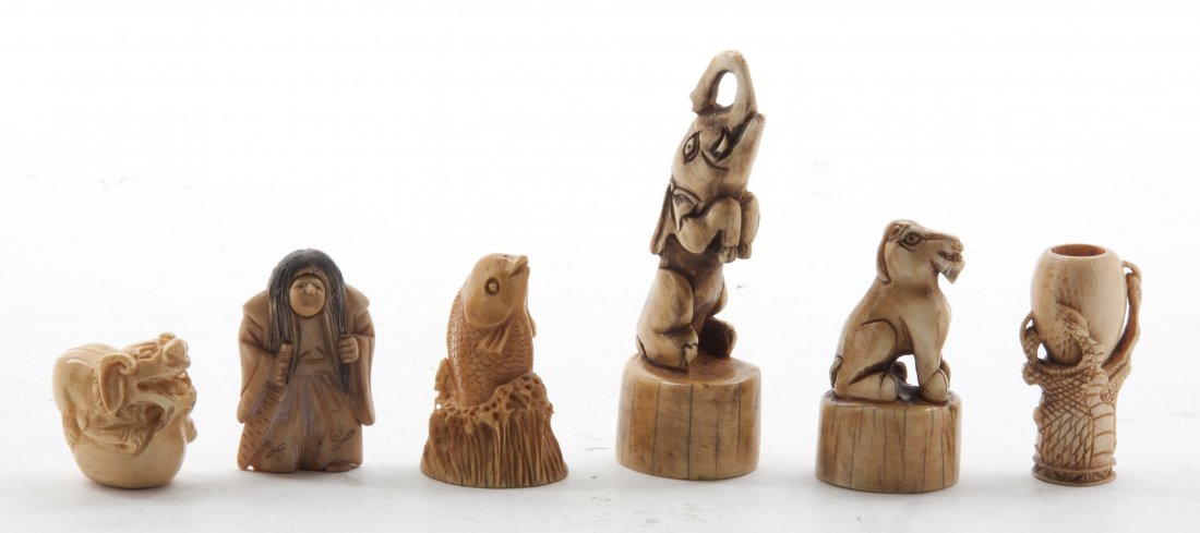 A Group of Six Carved Ivory Articles, Height of t: A Group of Six Carved Ivory Articles, comprising two okimono, two netsuke and two seal stamps. Height of tallest 4 1/8 inches.