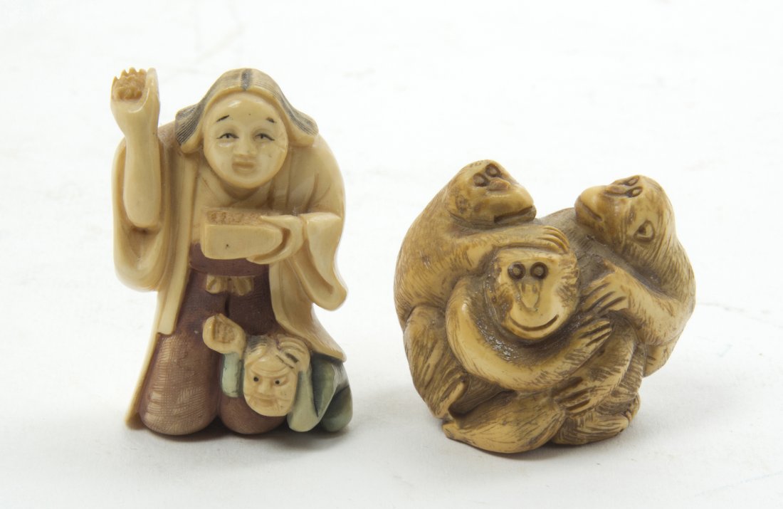 Two Japanese Carved Ivory Netsuke, Height of tall: Two Japanese Carved Ivory Netsuke, one tea stained and depicting three monkeys, one polychrome decorated depicting an old woman and a demon. Height of taller 2 1/4 inches.