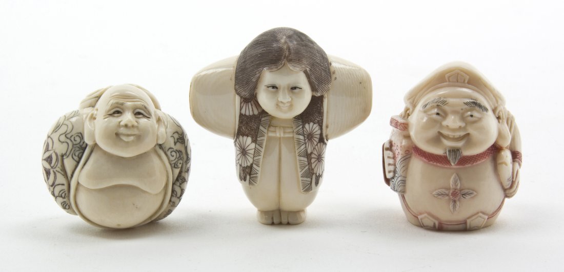 Two Japanese Carved Ivory Okimono, Height of tall: Two Japanese Carved Ivory Okimono, one depicting a rotund acrobat, the other a rotund woman, together with a polychrome decorated netsuke. Height of taller 2 inches.