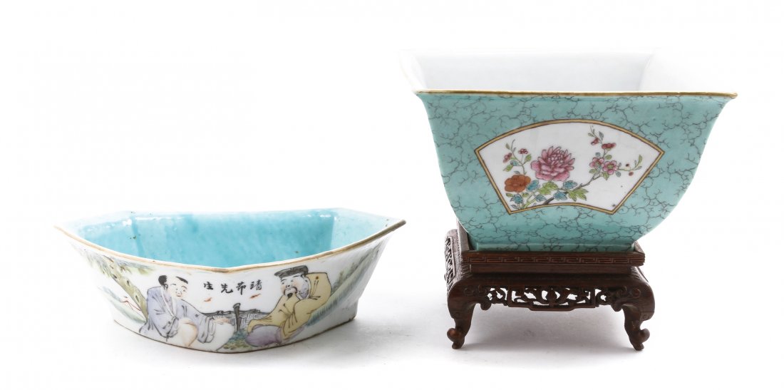 Two Chinese Republic Period Porcelain Bowls, Heig: Two Chinese Republic Period Porcelain Bowls, the first of square form with fan form reserves decorated with lotus flowers on a turquoise ground, the second having faceted sides decorated with seated f