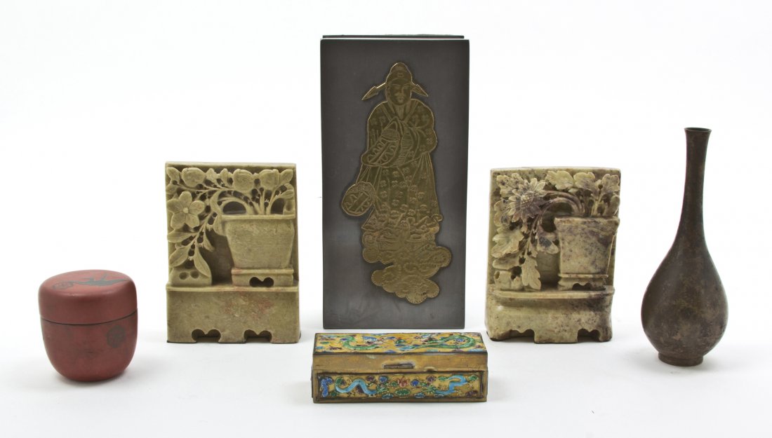 A Collection of Asian Decorative Articles, Height: A Collection of Asian Decorative Articles, comprising a pair of soapstone bookends, an enameled stamp box, a pewter lidded box, a vase and a lacquered box. Height of first 5 1/8 inches. Property from 