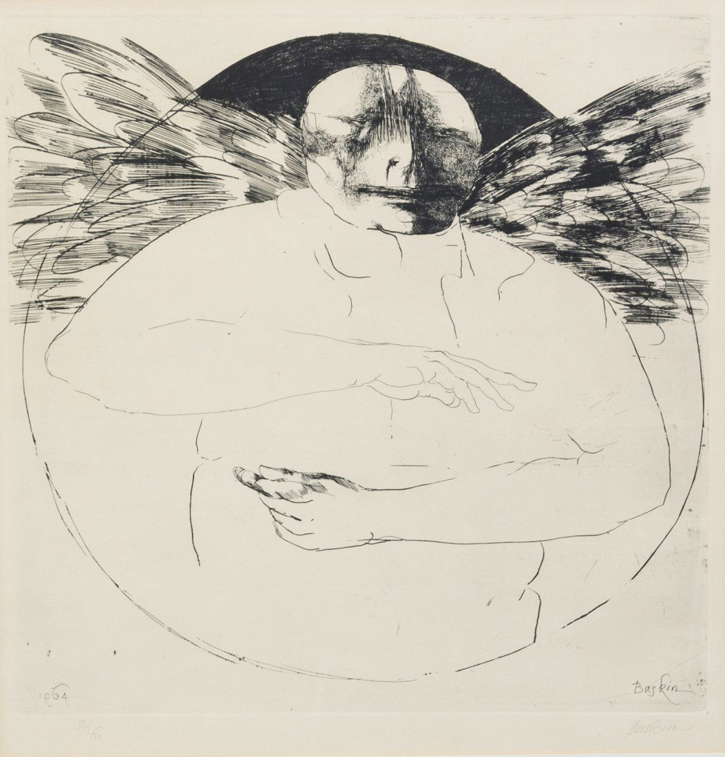Leonard Baskin, (American, 1922-2000), Winged Fig: Leonard Baskin (American, 1922-2000) Winged Figure etching edition 32/60, signed Baskin (lower right) 17 1/2 x 17 1/2 inches.