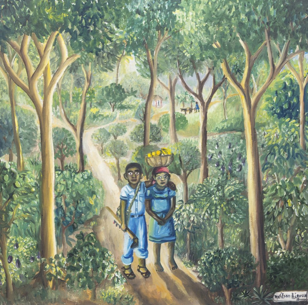 Wilson Bigaud, (Hatian, 1931-2010), Walk through : Wilson Bigaud (Hatian, 1931-2010) Walk through the Jungle oil on canvas signed Wilson Bigaud (lower right) 24 x 24 inches.