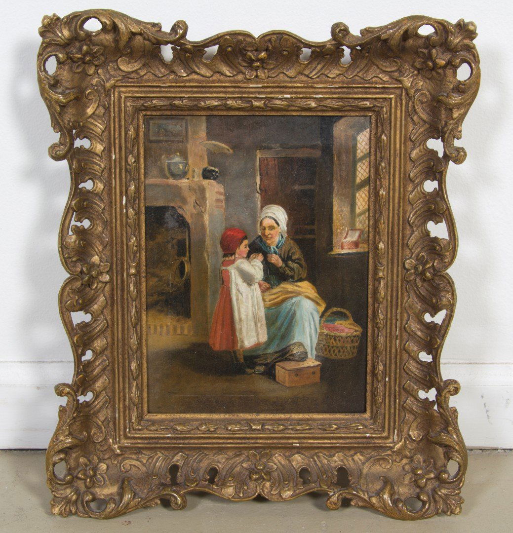 British School, (19th century), Sewing Lesson: British School (19th century) Sewing Lesson oil on canvas 9 x 7 inches.