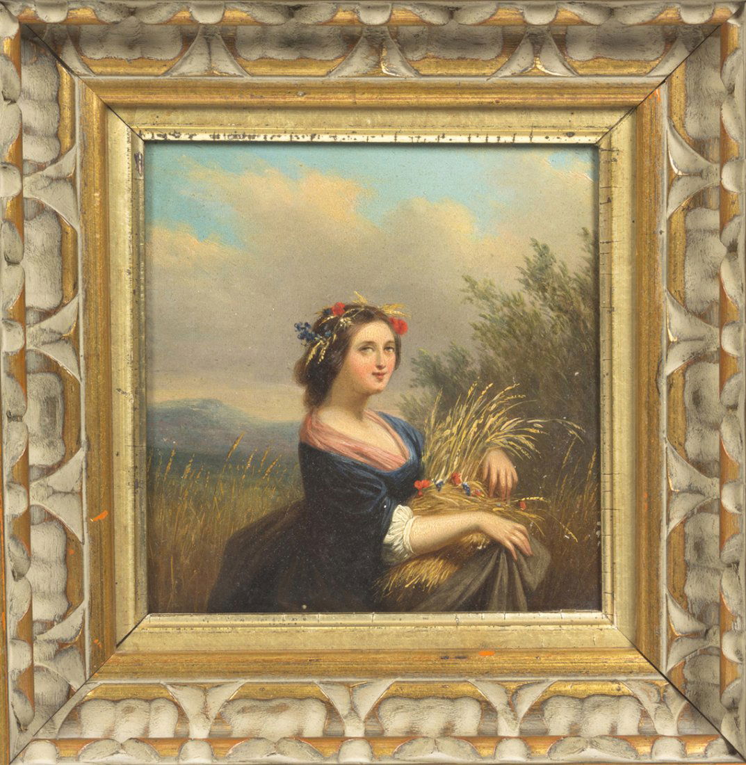 British School, (19th century), Lady with Wheat: British School (19th century) Lady with Wheat oil on canvas 5 1/2 x 5 1/2 inches.