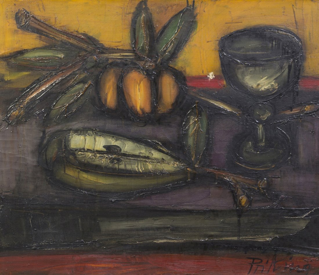 Franz Priking, (German, 1927-1979), Still Life: Franz Priking (German, 1927-1979) Still Life oil on canvas signed Priking (lower right); signed and inscribed (verso) 18 x 21 inches. Condition: The middle portion of the right hand quadrant having a 