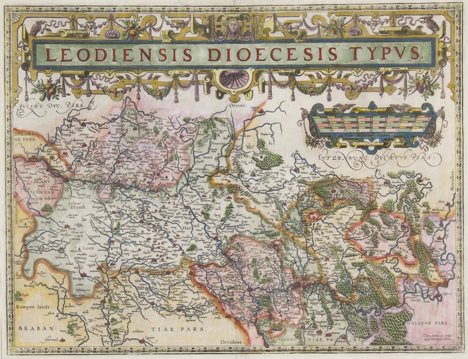 ORTELIUS, ABRAHAM. Leodiensis Dioecesis Typus. An: ORTELIUS, ABRAHAM Leodiensis Dioecesis Typus. Antwerp, c. 1612. Engraved regional map of Belgium with hand-coloring, from Theatrum Orbis Terrarum. Framed and matted. 15 x 19 5/8 inches.