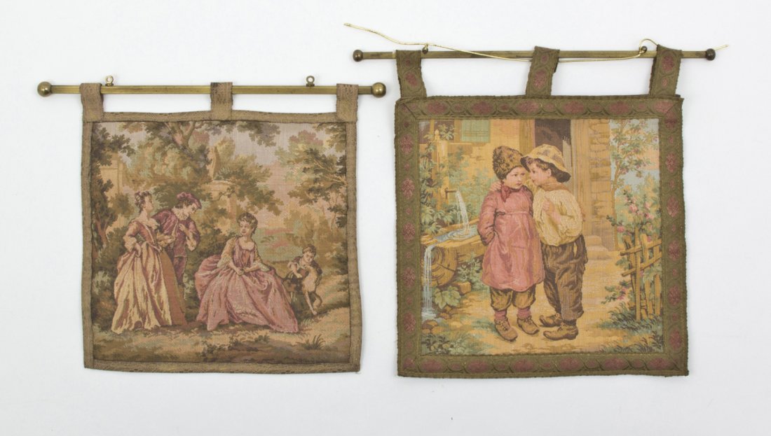 Two Continental Petit Point Panels, Height of tal: Two Continental Petit Point Panels, each depicting figures in an exterior, together with a Victorian beadwork panel. Height of tallest overall 10 1/2 inches. Property from the Dr. Myrna Salud Living T