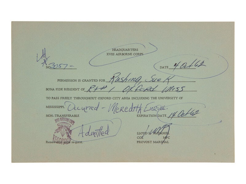 [MEREDITH, James]. 1962 access pass for University of Mississippi campus during the Ole Miss Riot.  (1 of 1)