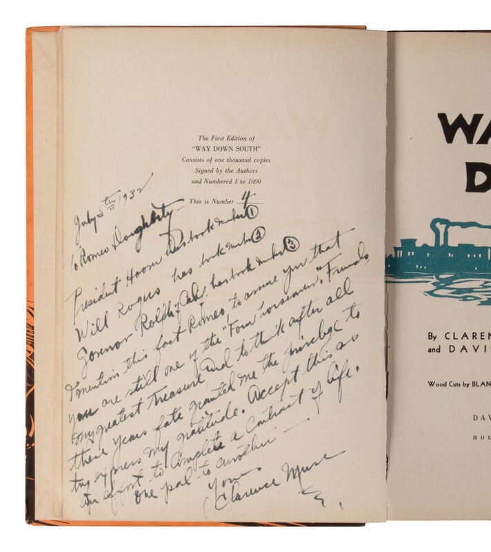 MUSE, Clarence (1889-1979) and David ARLEN. Way Down South. Hollywood: David Graham Fischer, 1932. : MUSE, Clarence (1889-1979) and David ARLEN. Way Down South. Hollywood: David Graham Fischer, 1932. 4to. 7 full-page woodcuts on colored paper (2 detached but present, toning.) Original pictorial board