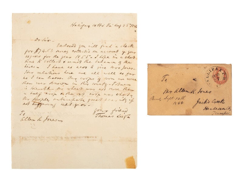[ENSLAVEMENT] Payment for the rental of enslaved persons discussed in 1856 ALS from Virginia farmer.: [ENSLAVEMENT] Payment for the rental of enslaved persons discussed in 1856 ALS from Virginia farmer. Letter from Thomas Leigh to Allen K. Jones, Jack's Creek, TN, pertaining to payment for the rental