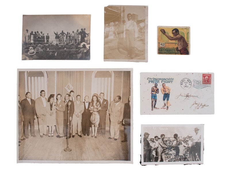 [SPORTS]. Items rel. to Af. American athletes incl. Jack Johnson, Joe Gans, & Coach Eddie Robinson.: [SPORTS]. Items rel. to Af. American athletes incl. Jack Johnson, Joe Gans, & Coach Eddie Robinson. Includes: 5 3/8 x 3 3/8 in. silver gelatin photograph of Joe Gans and Oscar Nelson touching boxi