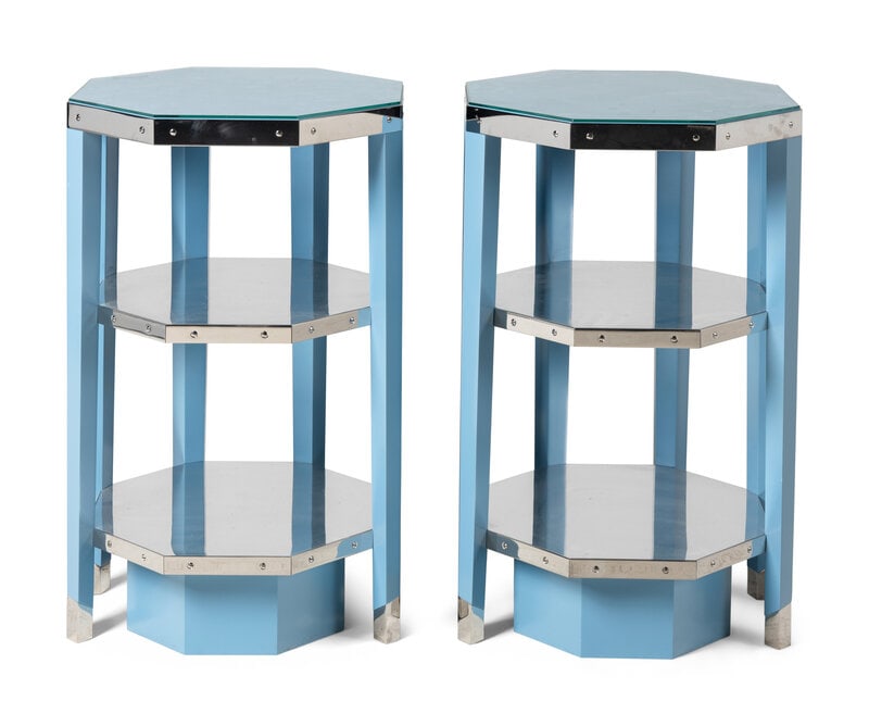A Pair of Custom Enameled Metal and Glass Side Tables (1 of 2)