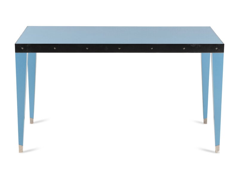A Custom Enameled Metal and Glass Desk: A Custom Enameled Metal and Glass Desk Manufactured by Ledran Agencement, France designed by Jacques Garcia, of rectangular form. Height 29 1/2 x width 53 1/4 x depth 25 1/2 inches.