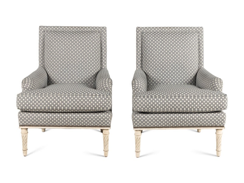 A Pair of Bunny Williams Azure Bergères: A Pair of Bunny Williams Azure Bergères Height 36 x width 28 x depth 32 inches. Property from the Estate of Thomas C. Theobald, Chicago, Illinois This l