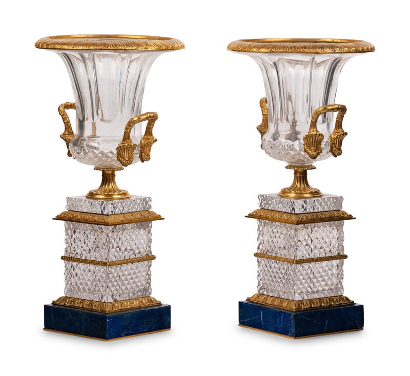 A Pair of Empire Style Gilt Bronze and Cut Glass Urns: A Pair of Empire Style Gilt Bronze and Cut Glass Urns 20th Century Height 24 inches. This lot is located in Chicago.