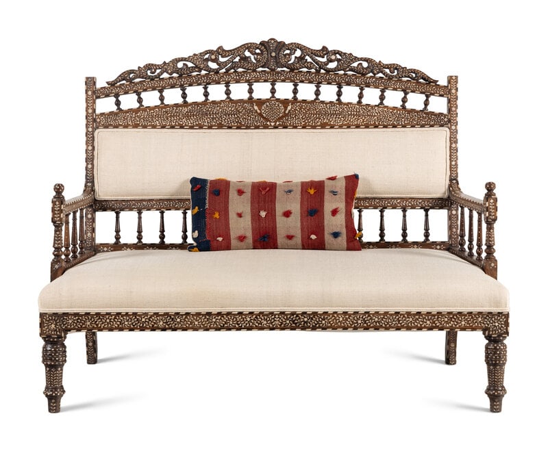 A Levantine Bone-Inlaid Walnut Settee: A Levantine Bone-Inlaid Walnut Settee Height 40 1/2 x width 52 x depth 23 inches. Property from a Private Collector, Highland Park, Illinois This lot is located in Chi