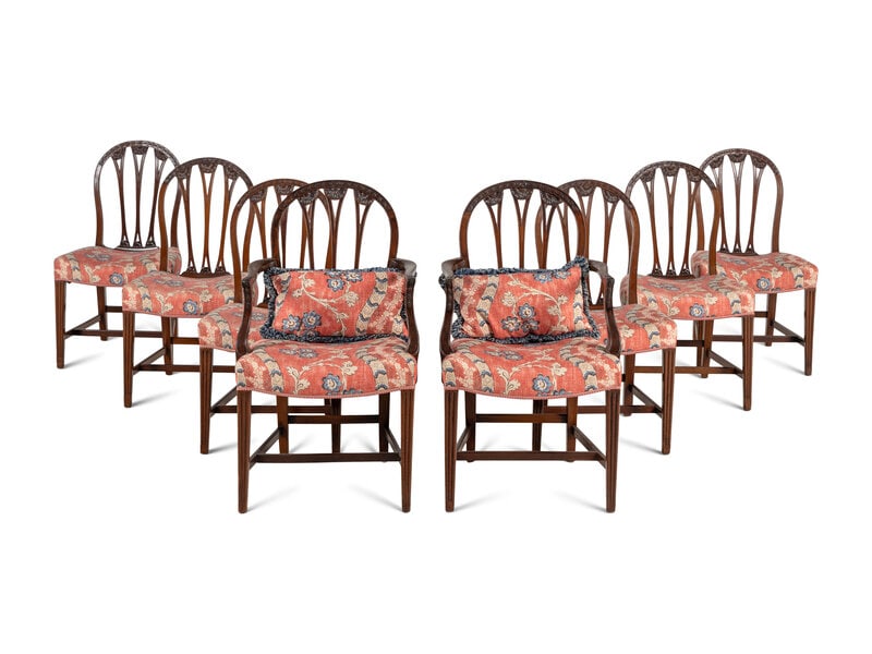 A Set of Eight George III Style Mahogany Dining Chairs: A Set of Eight George III Style Mahogany Dining Chairs 19th/20th Century comprising two armchairs and six side chairs. Height of armchairs 39 x width 23 x depth 20 inches; height of side chairs 36
