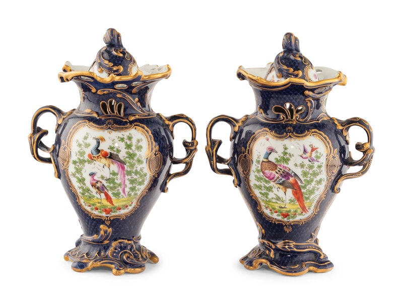 A Pair of Worcester Porcelain Urns and an Associated Center Bowl: A Pair of Worcester Porcelain Urns and an Associated Center Bowl Second Half 18th Century the bowl unmarked and of a later date. Height of urns 12 x width over handles 9 inches. <