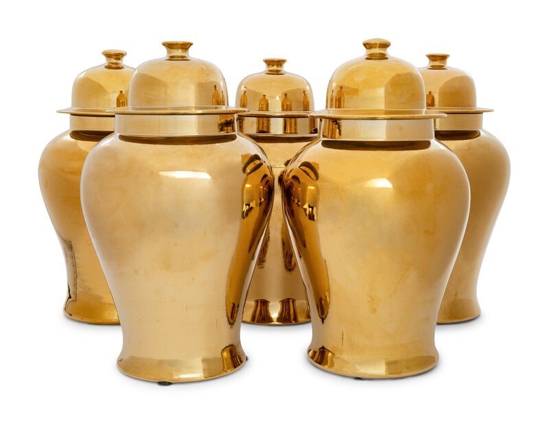 A Group of Five Gilt Porcelain Jars: A Group of Five Gilt Porcelain Jars 20th Century Height approx. 19 x diameter 11 inches. Property from the Collection of Raphael Yakoby, New York This lot is located i